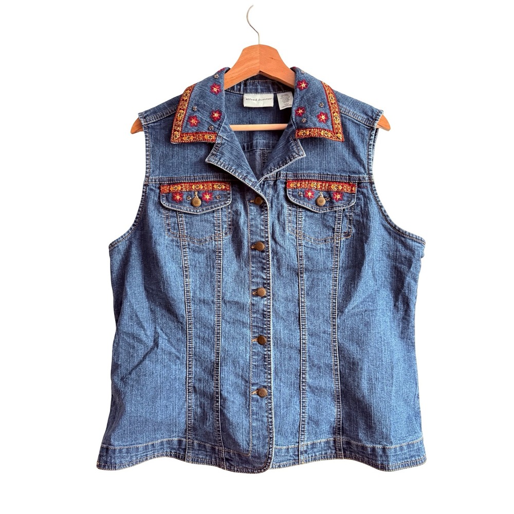 Vintage Alfred Dunner Blue Denim Stretch Vest Floral Embroidered Beaded 14 Boho
